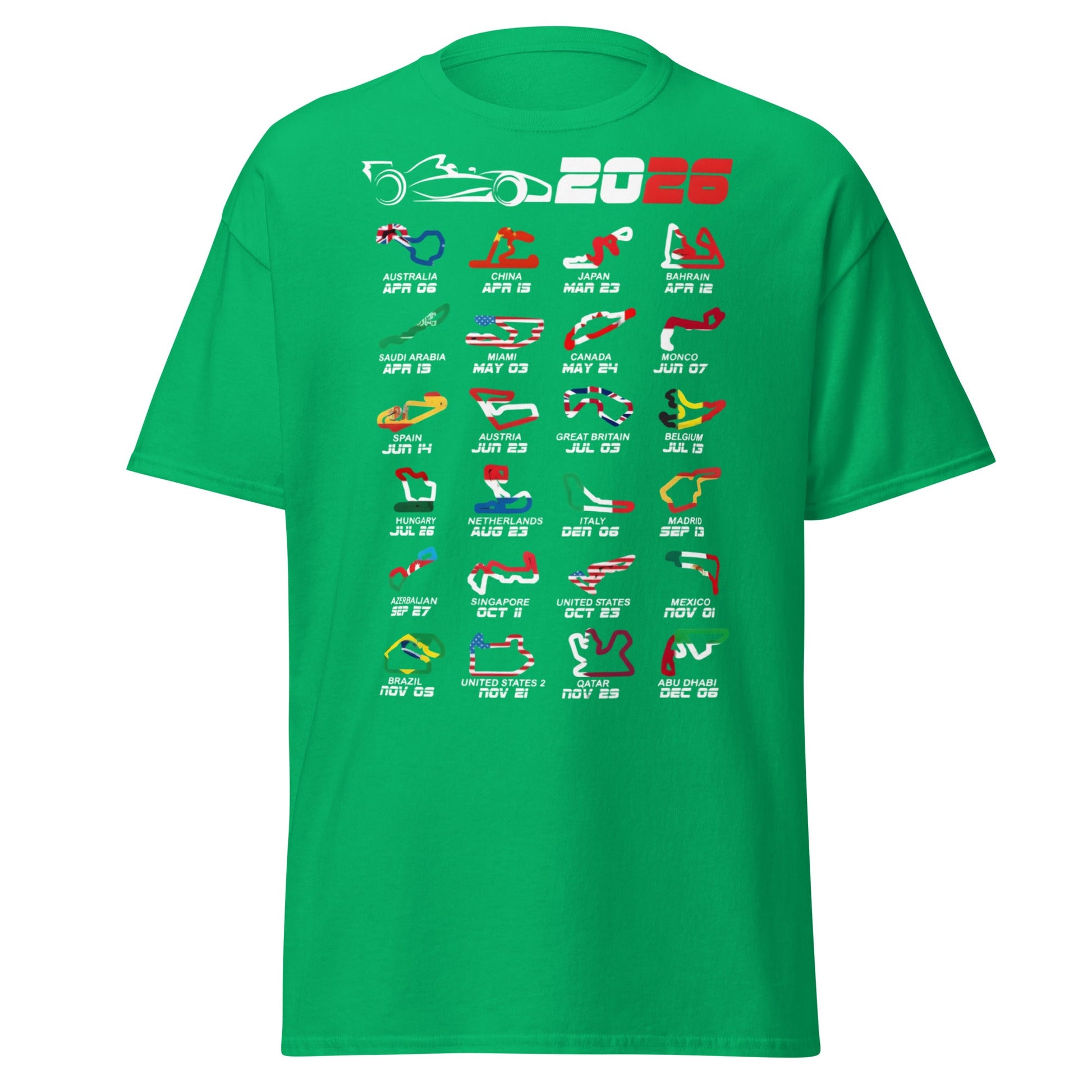 2026 F1 Race Calendar T-Shirt - Global Circuit Schedule Tee - Irish Green - T-Shirts Online