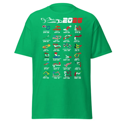 2026 F1 Race Calendar T-Shirt - Global Circuit Schedule Tee - Irish Green - T-Shirts Online