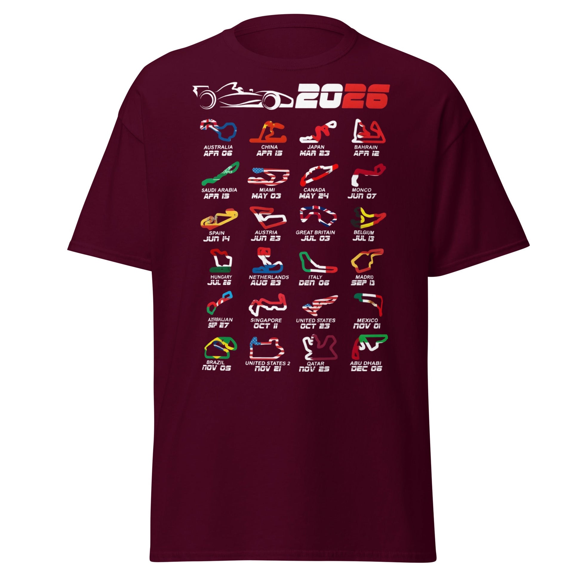 2026 F1 Race Calendar T-Shirt - Global Circuit Schedule Tee - Maroon - T-Shirts Online