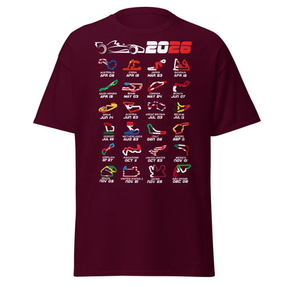 2026 F1 Race Calendar T-Shirt - Global Circuit Schedule Tee - Maroon - T-Shirts Online