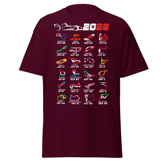 2026 F1 Race Calendar T-Shirt - Global Circuit Schedule Tee - Maroon - T-Shirts Online