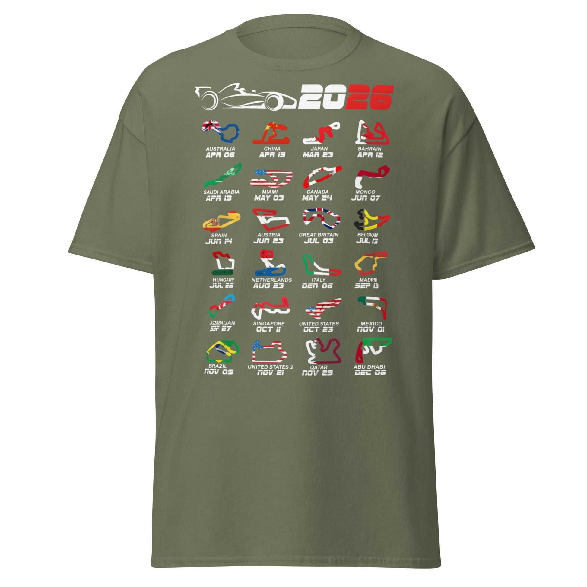 2026 F1 Race Calendar T-Shirt - Global Circuit Schedule Tee - Military Green - T-Shirts Online