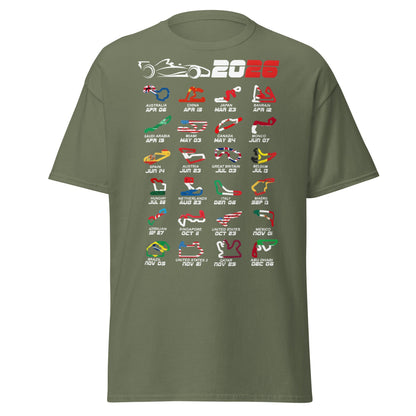 2026 F1 Race Calendar T-Shirt - Global Circuit Schedule Tee - Military Green - T-Shirts Online