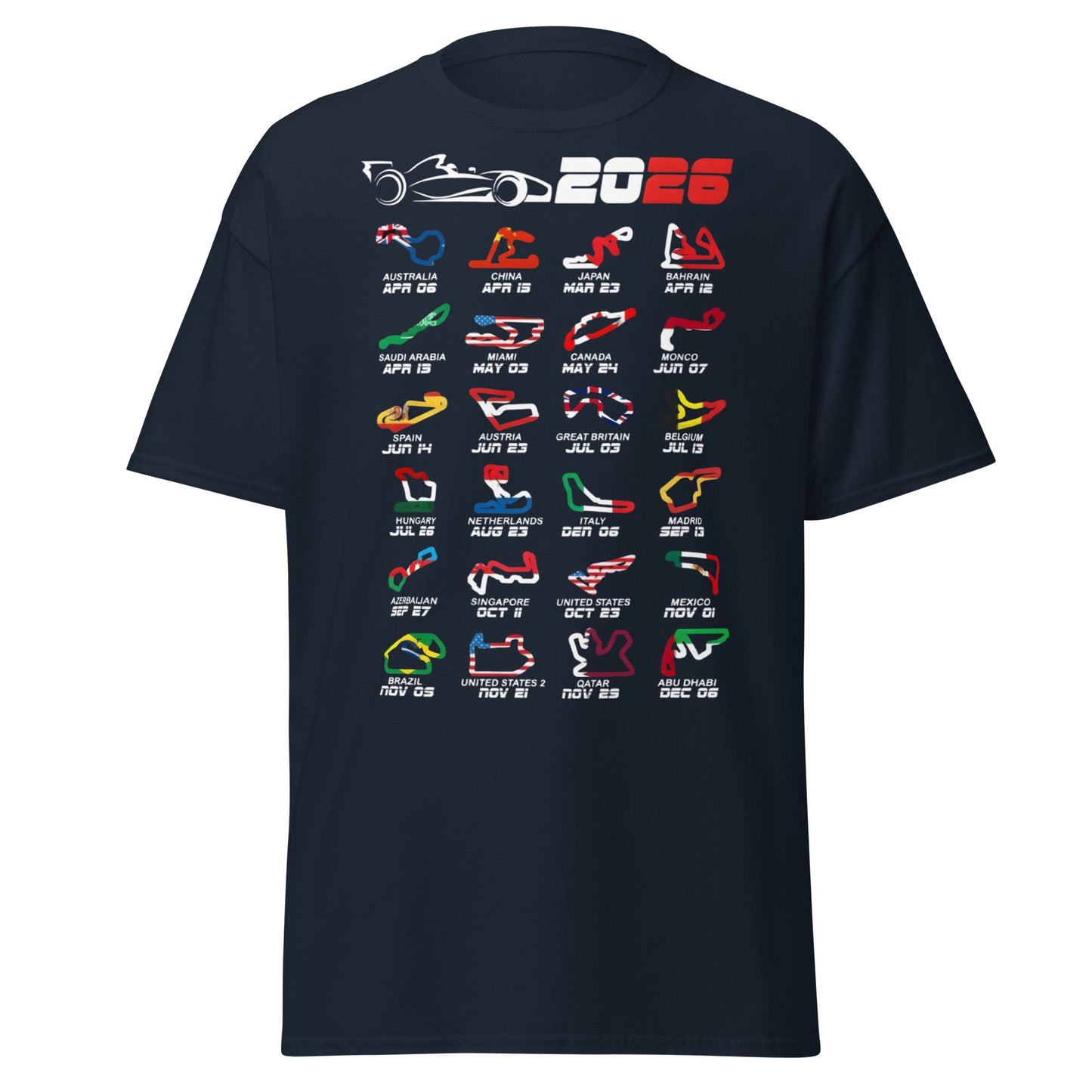 2026 F1 Race Calendar T-Shirt - Global Circuit Schedule Tee - Navy - T-Shirts Online