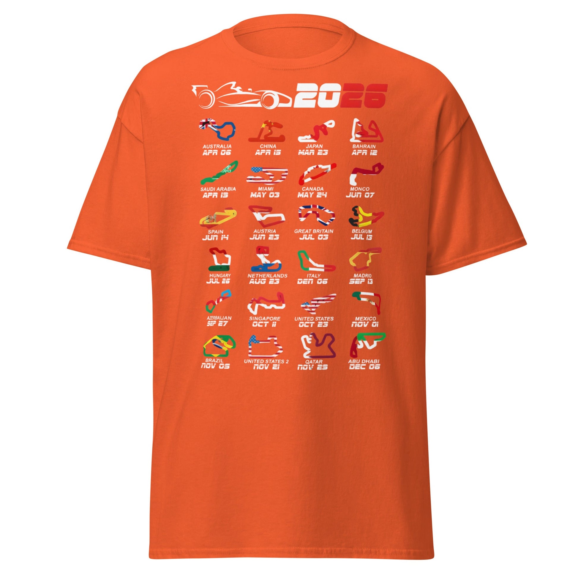 2026 F1 Race Calendar T-Shirt - Global Circuit Schedule Tee - Orange - T-Shirts Online