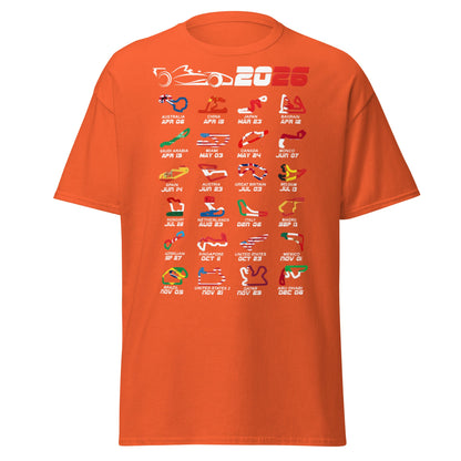 2026 F1 Race Calendar T-Shirt - Global Circuit Schedule Tee - Orange - T-Shirts Online