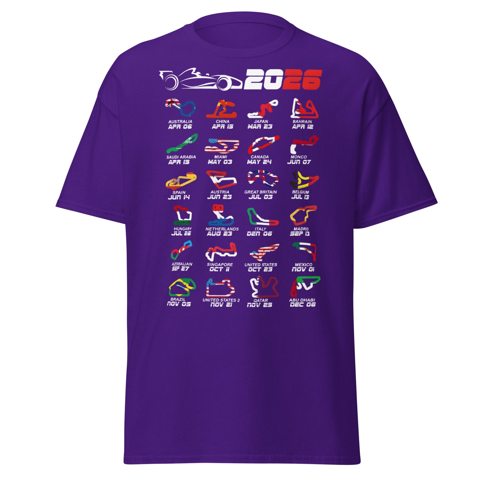 2026 F1 Race Calendar T-Shirt - Global Circuit Schedule Tee - Purple - T-Shirts Online
