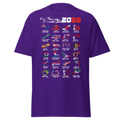 2026 F1 Race Calendar T-Shirt - Global Circuit Schedule Tee - Purple - T-Shirts Online