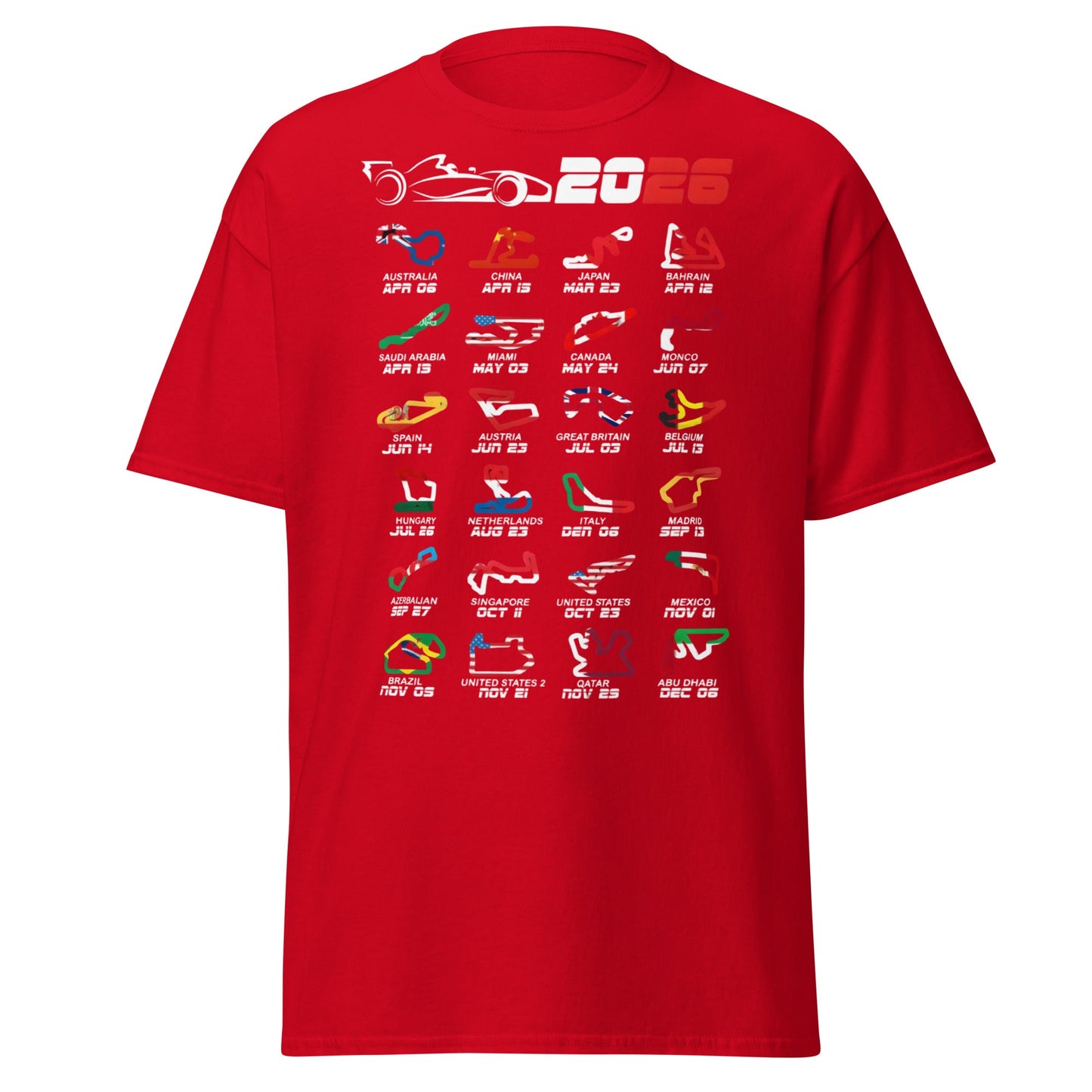2026 F1 Race Calendar T-Shirt - Global Circuit Schedule Tee - Red - T-Shirts Online