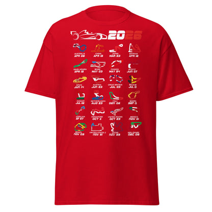 2026 F1 Race Calendar T-Shirt - Global Circuit Schedule Tee - Red - T-Shirts Online