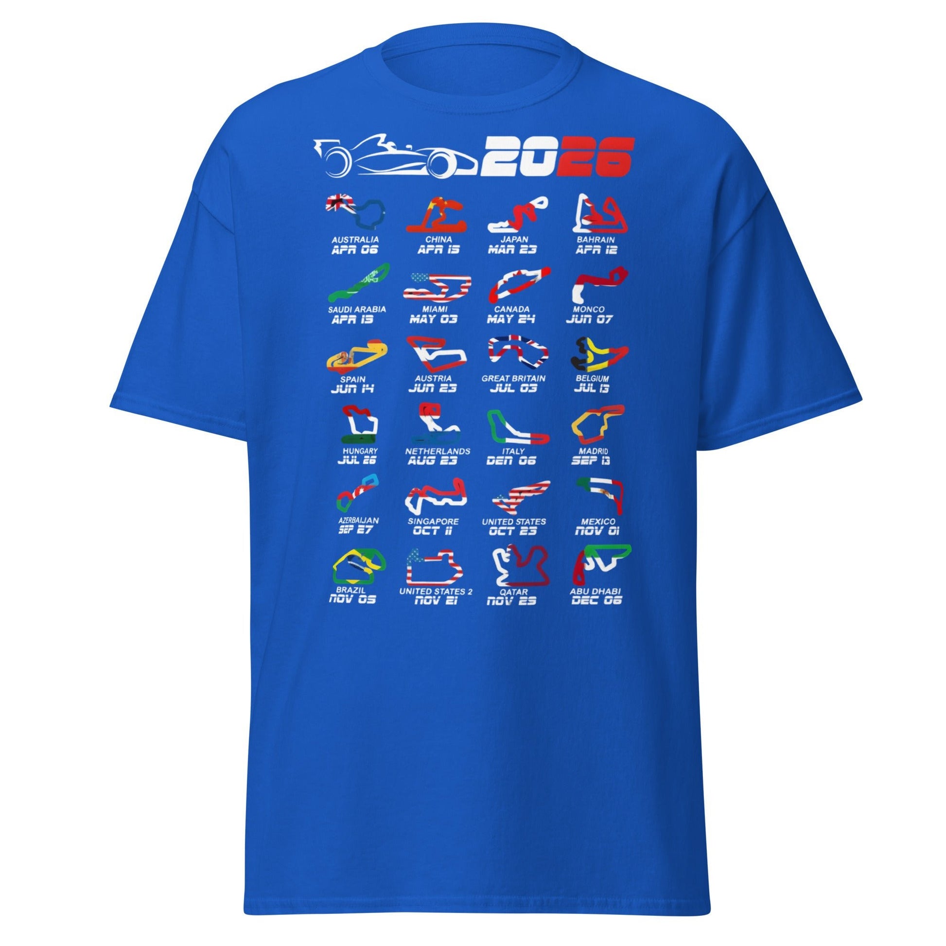 2026 F1 Race Calendar T-Shirt - Global Circuit Schedule Tee - Royal - T-Shirts Online