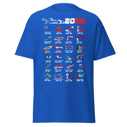 2026 F1 Race Calendar T-Shirt - Global Circuit Schedule Tee - Royal - T-Shirts Online