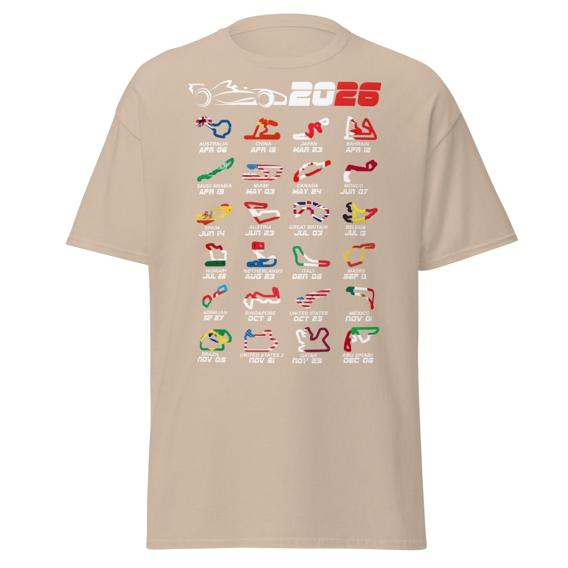 2026 F1 Race Calendar T-Shirt - Global Circuit Schedule Tee - Sand - T-Shirts Online
