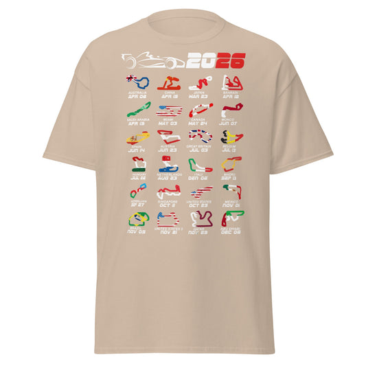 2026 F1 Race Calendar T-Shirt - Global Circuit Schedule Tee - Sand - T-Shirts Online