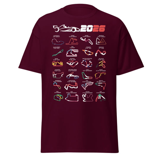2026 Race Calendar T-Shirt - Global Circuit Schedule Tee - Maroon - T-Shirts Online