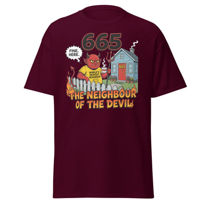 665 The Neighbour of the Devil Funny T-Shirt - Maroon - T-Shirts Online
