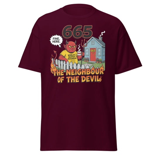 665 The Neighbour of the Devil Funny T-Shirt - Maroon - T-Shirts Online