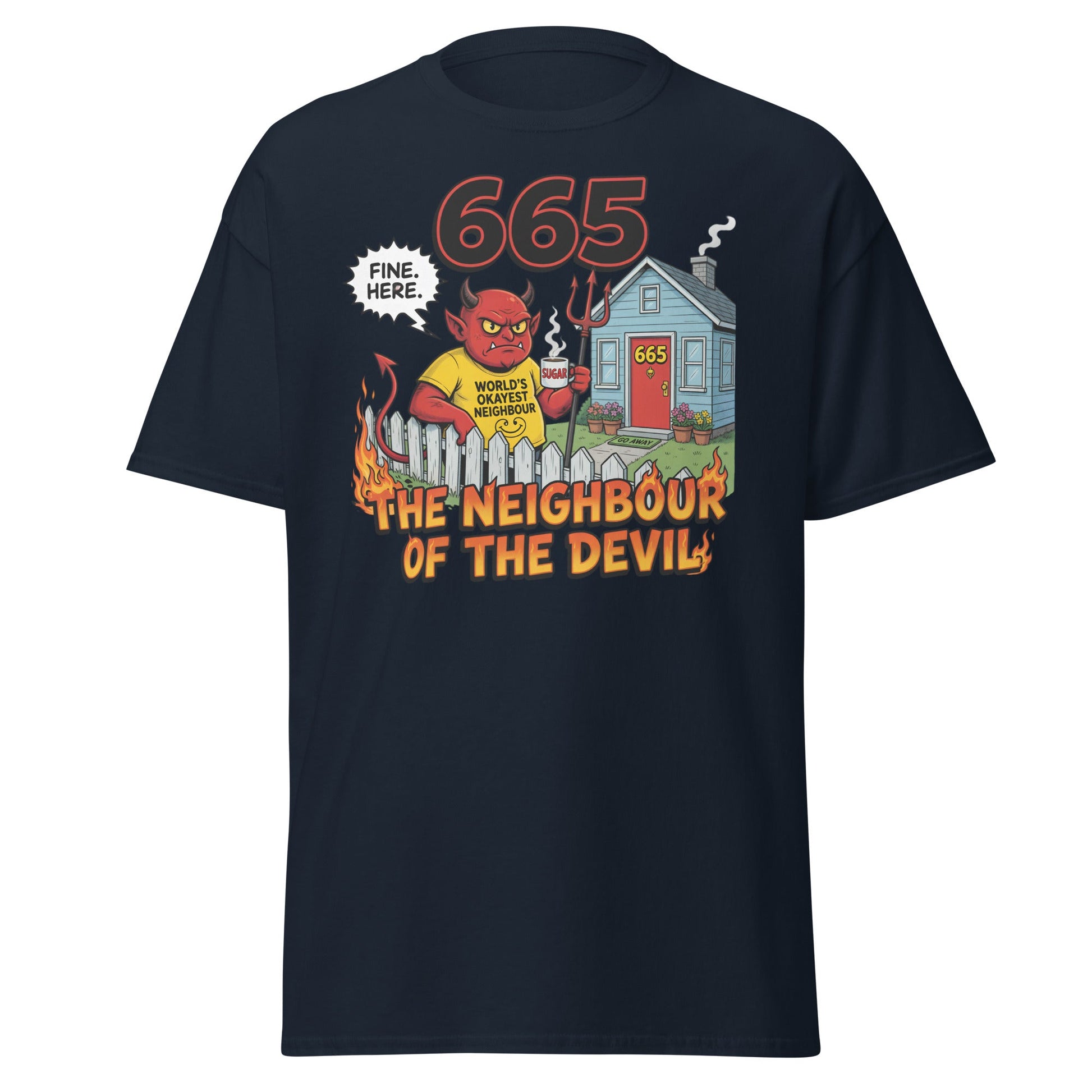 665 The Neighbour of the Devil Funny T-Shirt - Navy - T-Shirts Online