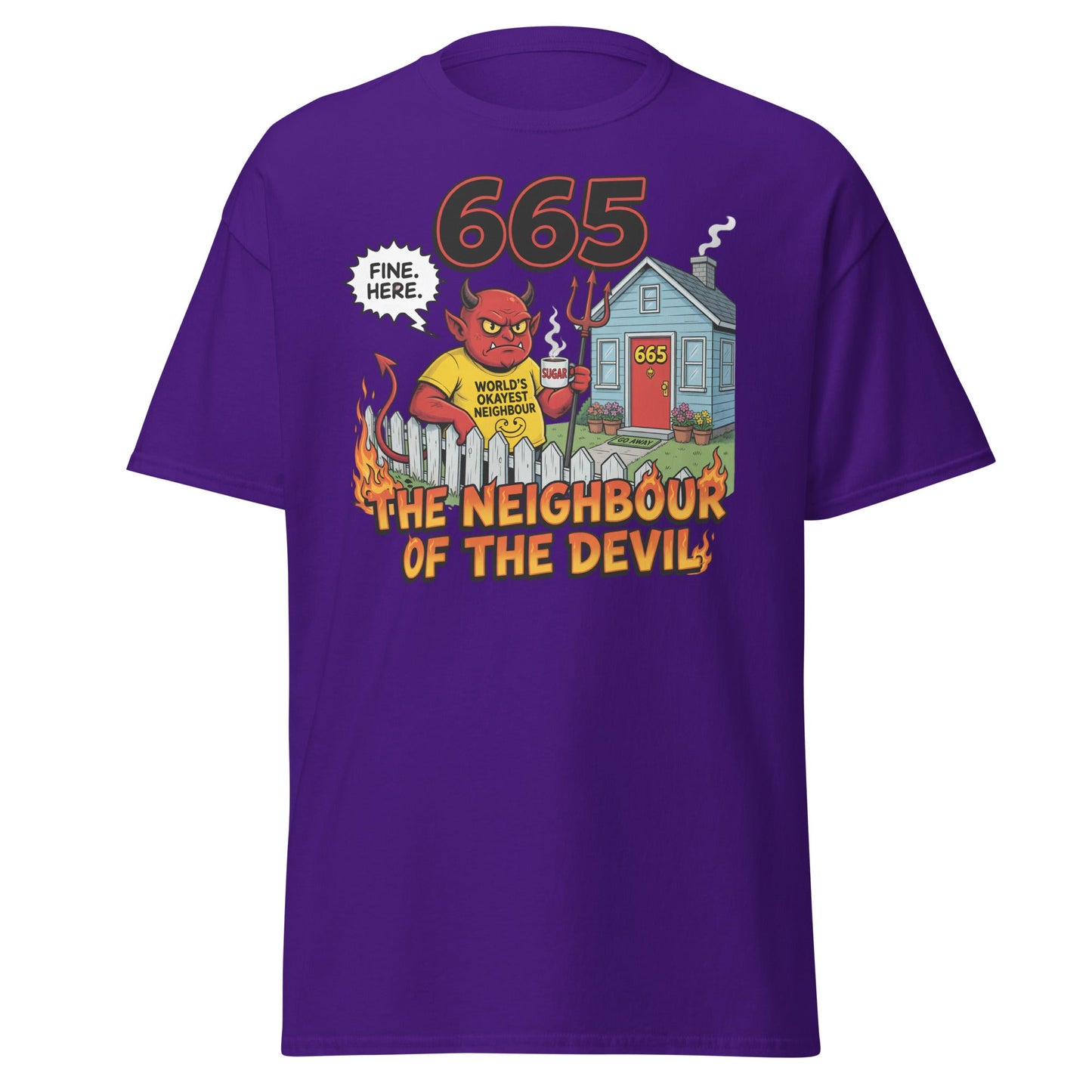 665 The Neighbour of the Devil Funny T-Shirt - Purple - T-Shirts Online