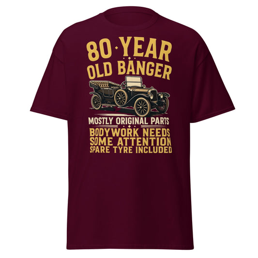 80th Birthday T-Shirt - Funny 80 Year Old Banger Vintage Car - Maroon - T-Shirts Online
