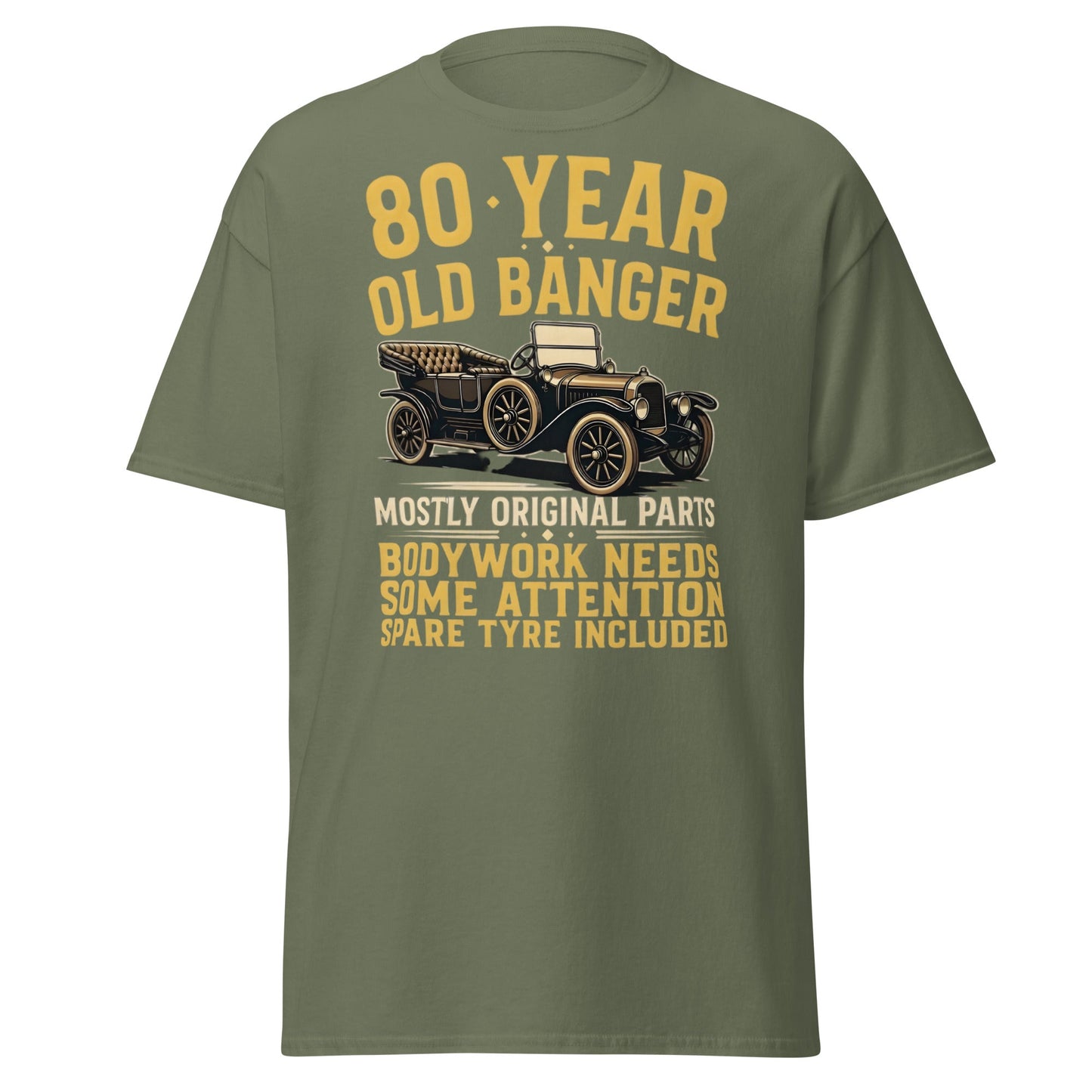 80th Birthday T-Shirt - Funny 80 Year Old Banger Vintage Car - Military Green - T-Shirts Online