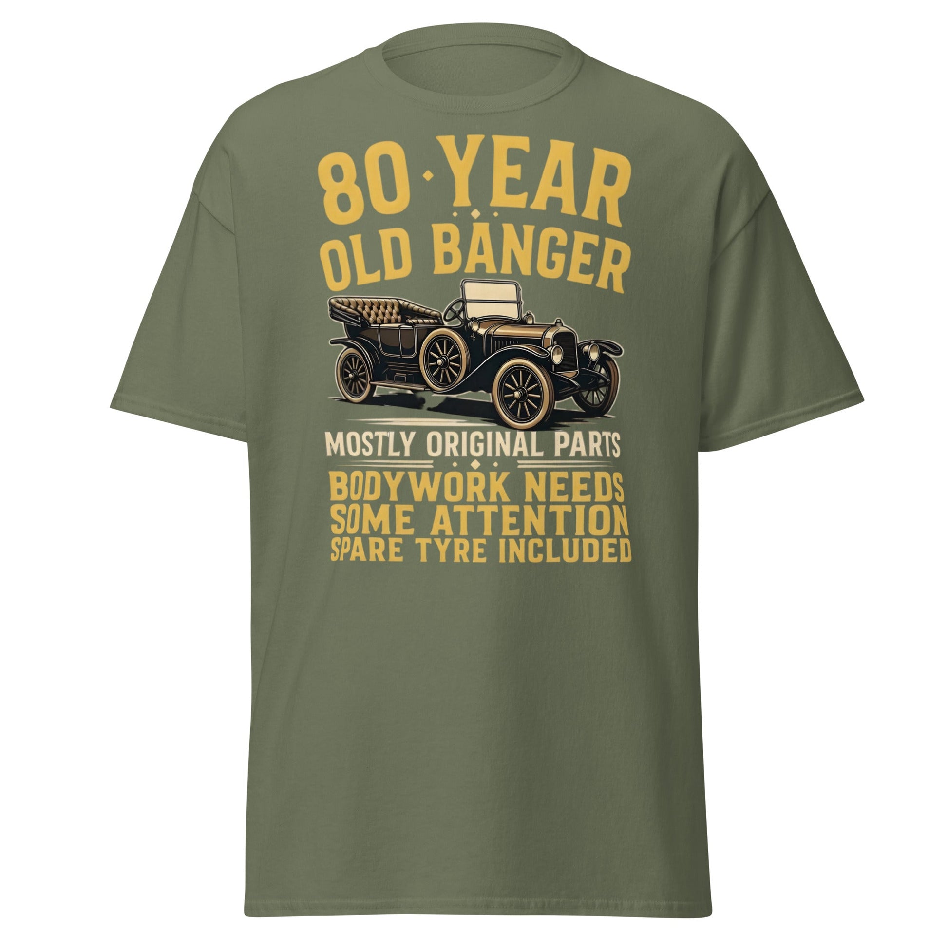 80th Birthday T-Shirt - Funny 80 Year Old Banger Vintage Car - Military Green - T-Shirts Online