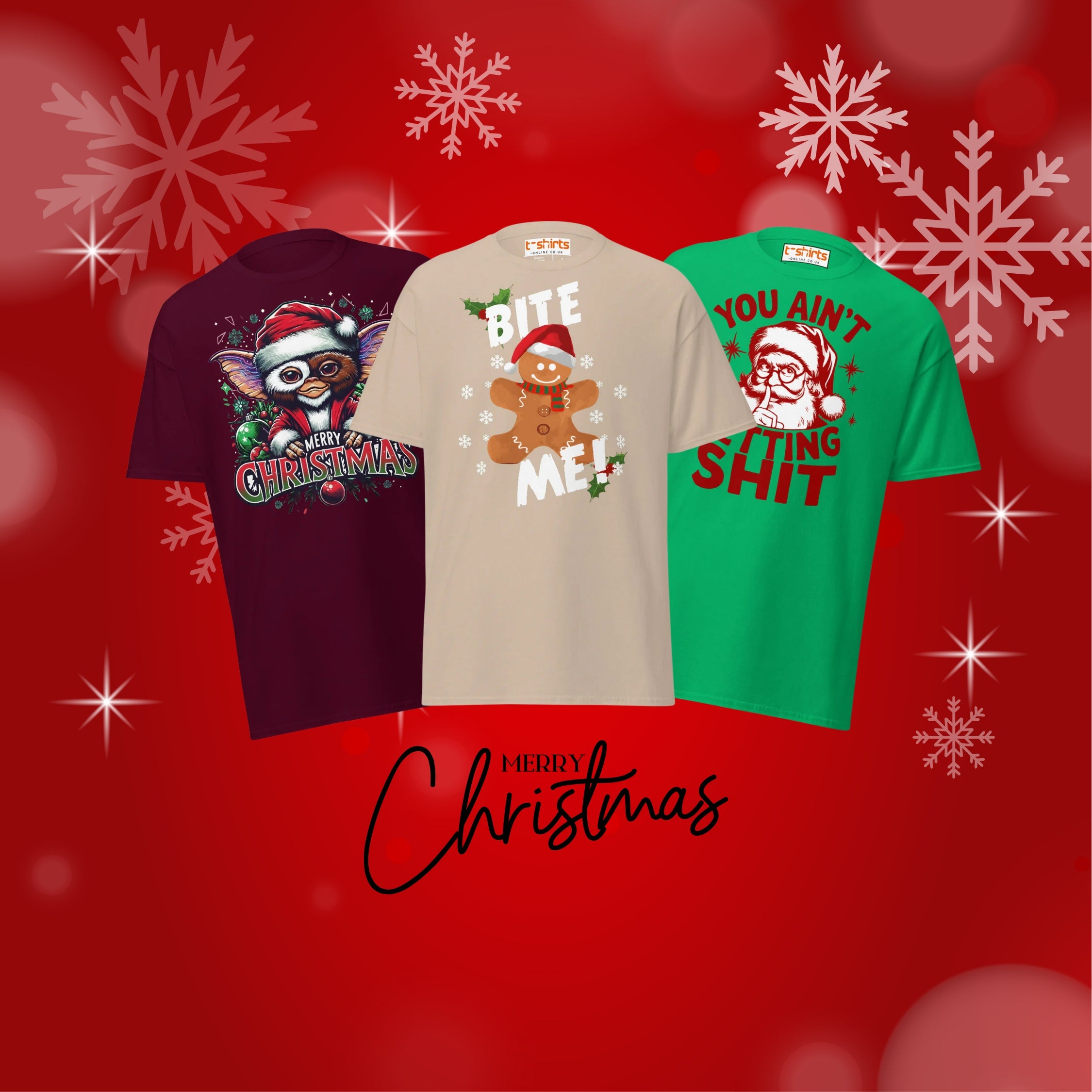 Three Christmas-themed t-shirts on a red background with snowflakes.