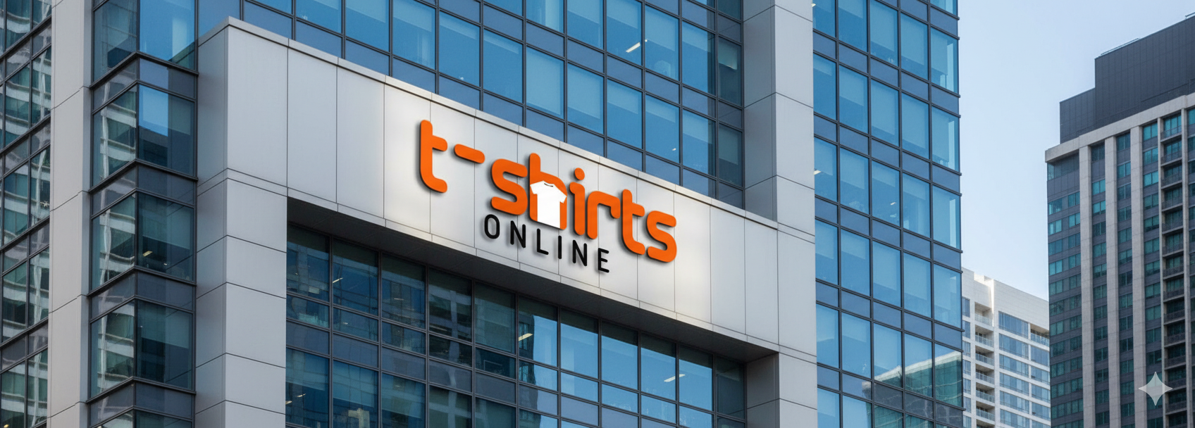 T-shirt store sign on a building facade with modern skyscrapers in the background
