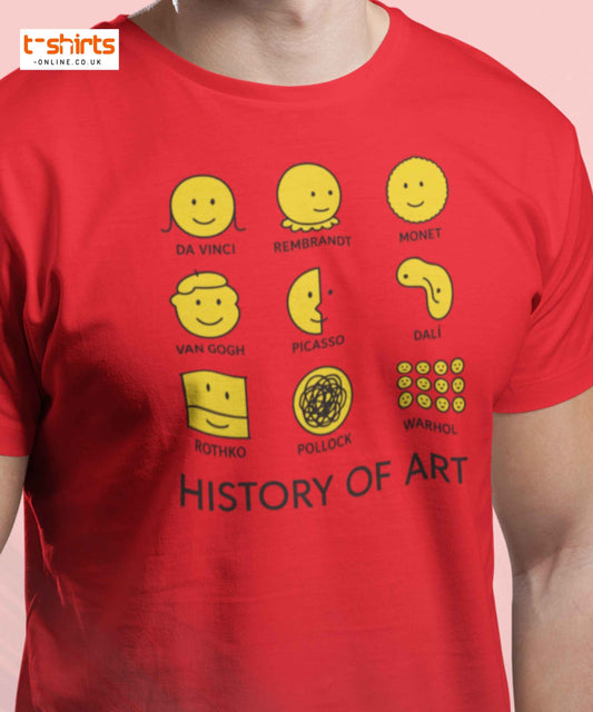 Red t-shirt with yellow graphics and text on a pink background