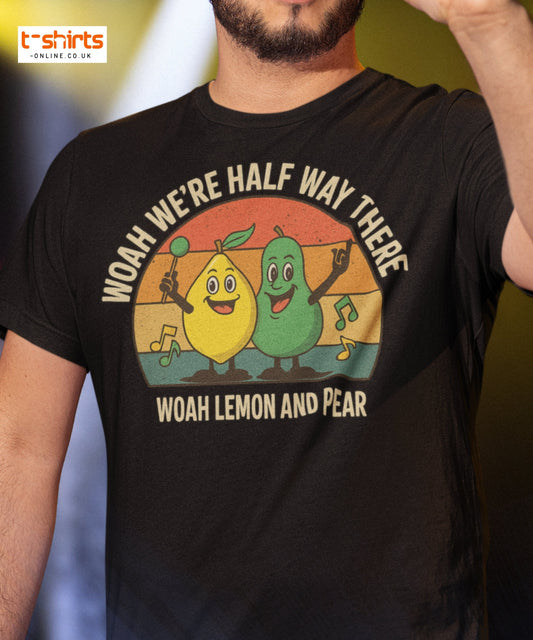 Person wearing a black t-shirt with a colorful graphic and text 'Woah Lemon and Pear'.
