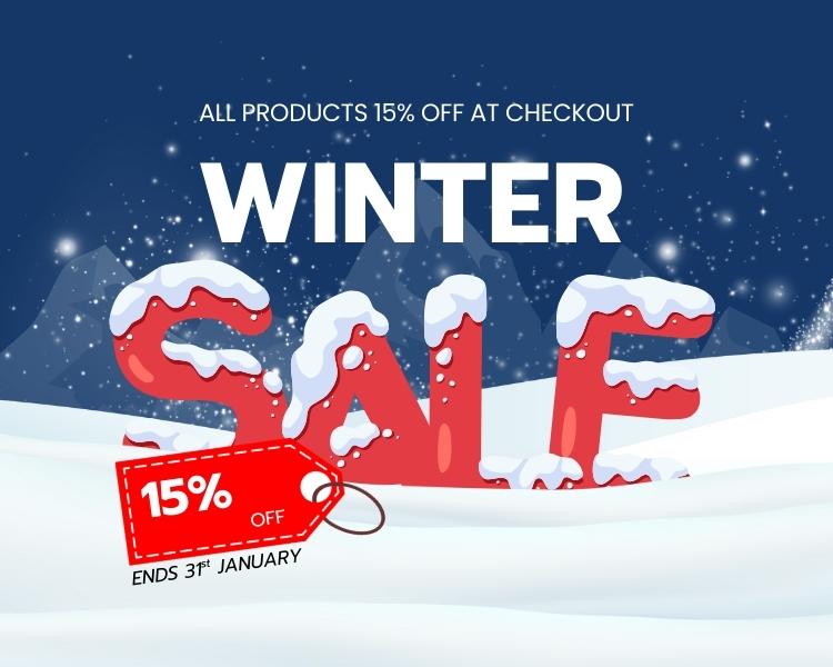 Winter sale advertisement with snow-covered text and a discount tag on a snowy landscape background.