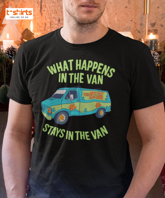 Person wearing a black t-shirt with a graphic of a van and text 'What happens in the van stays in the van'.