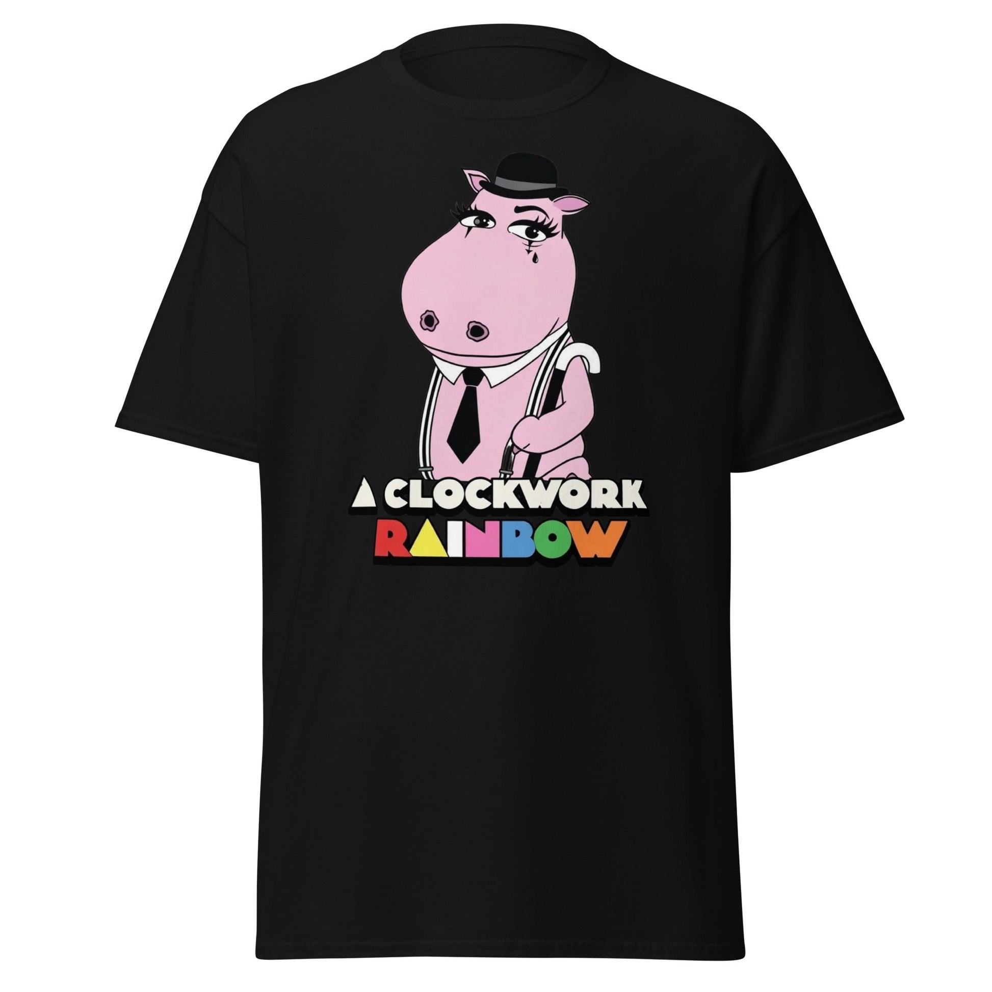 A Clockwork Rainbow T-Shirt - Funny Hippo Movie Mashup Tee - Black - T-Shirts Online