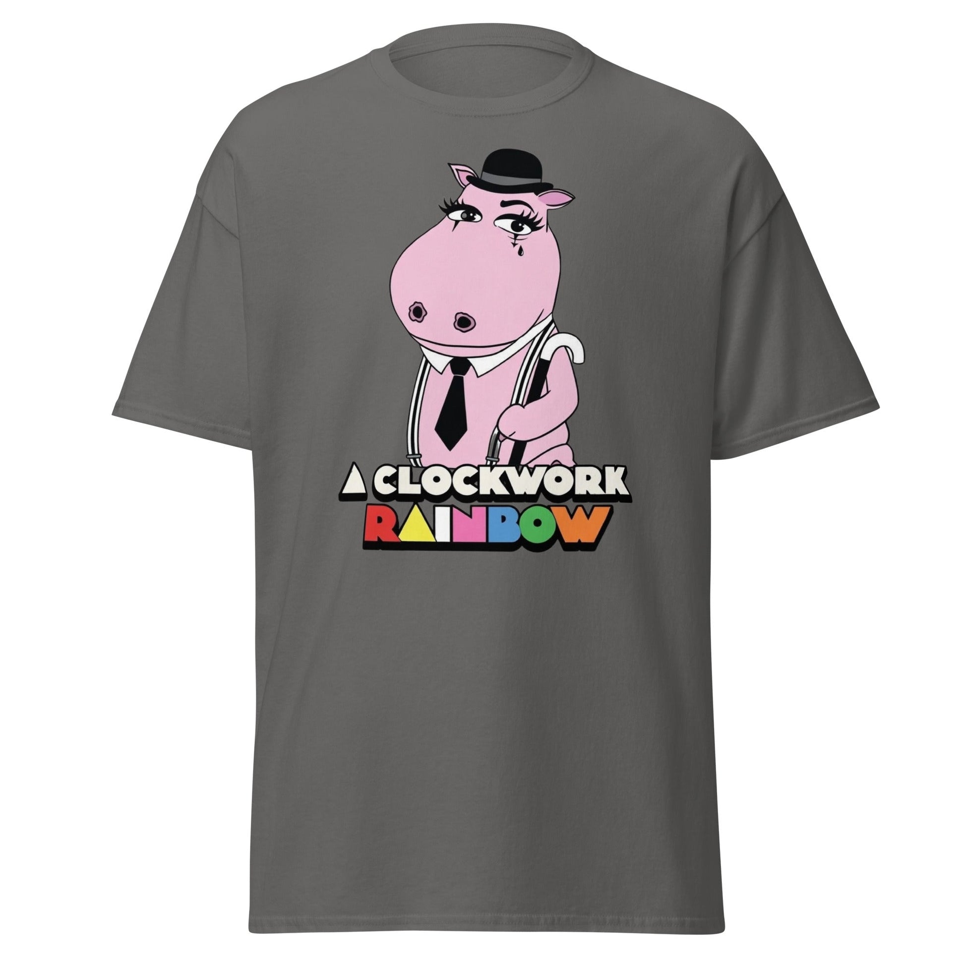 A Clockwork Rainbow T-Shirt - Funny Hippo Movie Mashup Tee - Charcoal - T-Shirts Online