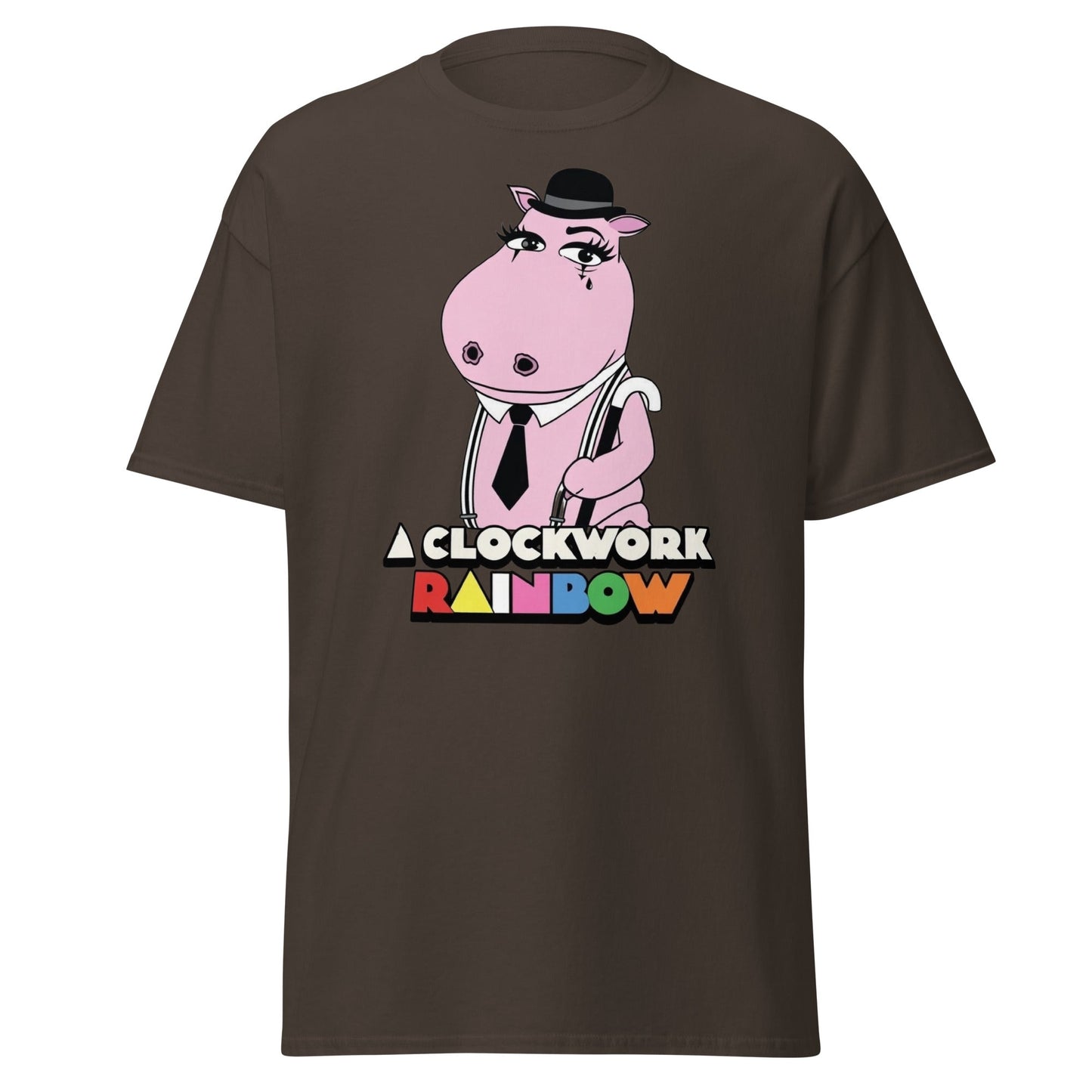 A Clockwork Rainbow T-Shirt - Funny Hippo Movie Mashup Tee - Dark Chocolate - T-Shirts Online