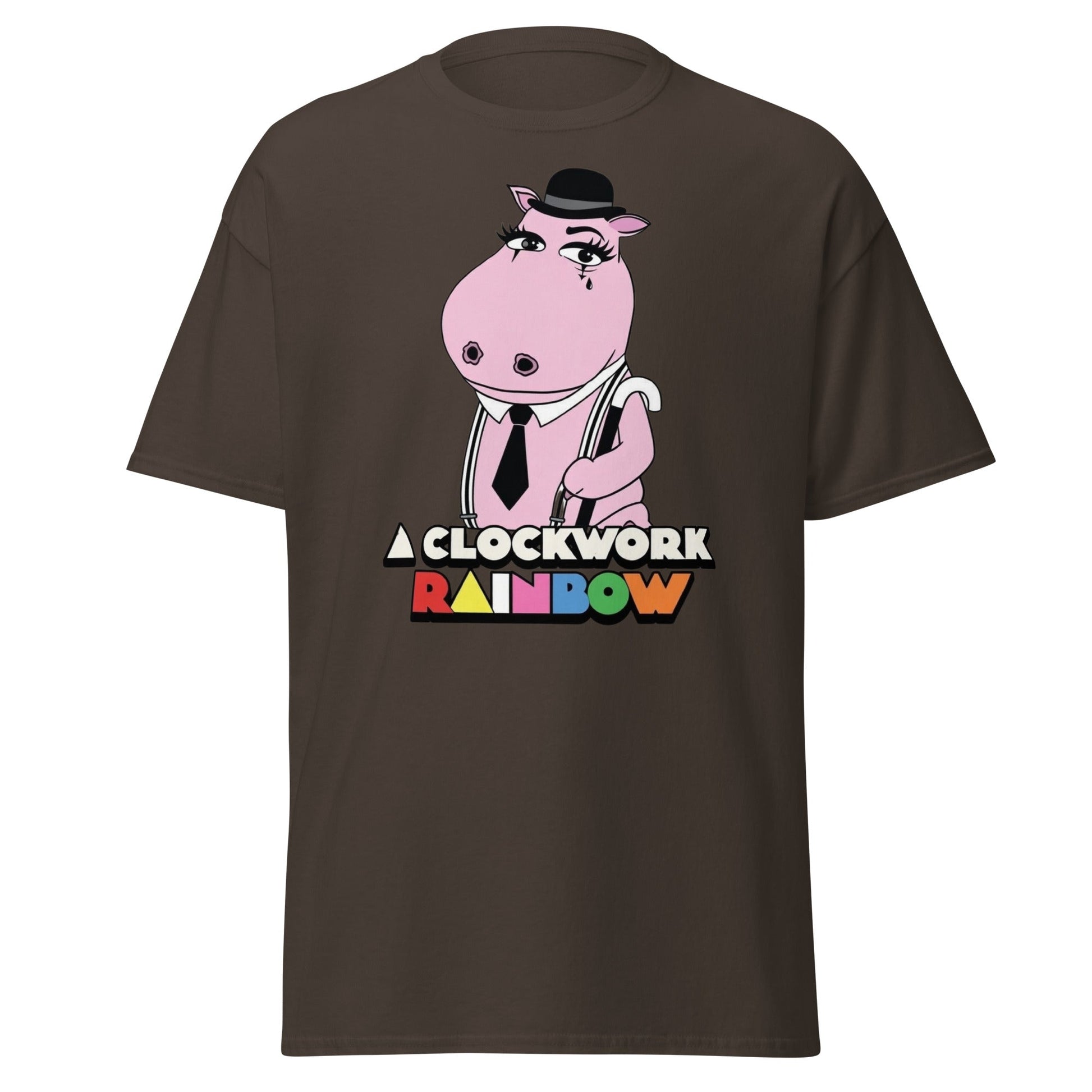 A Clockwork Rainbow T-Shirt - Funny Hippo Movie Mashup Tee - Dark Chocolate - T-Shirts Online