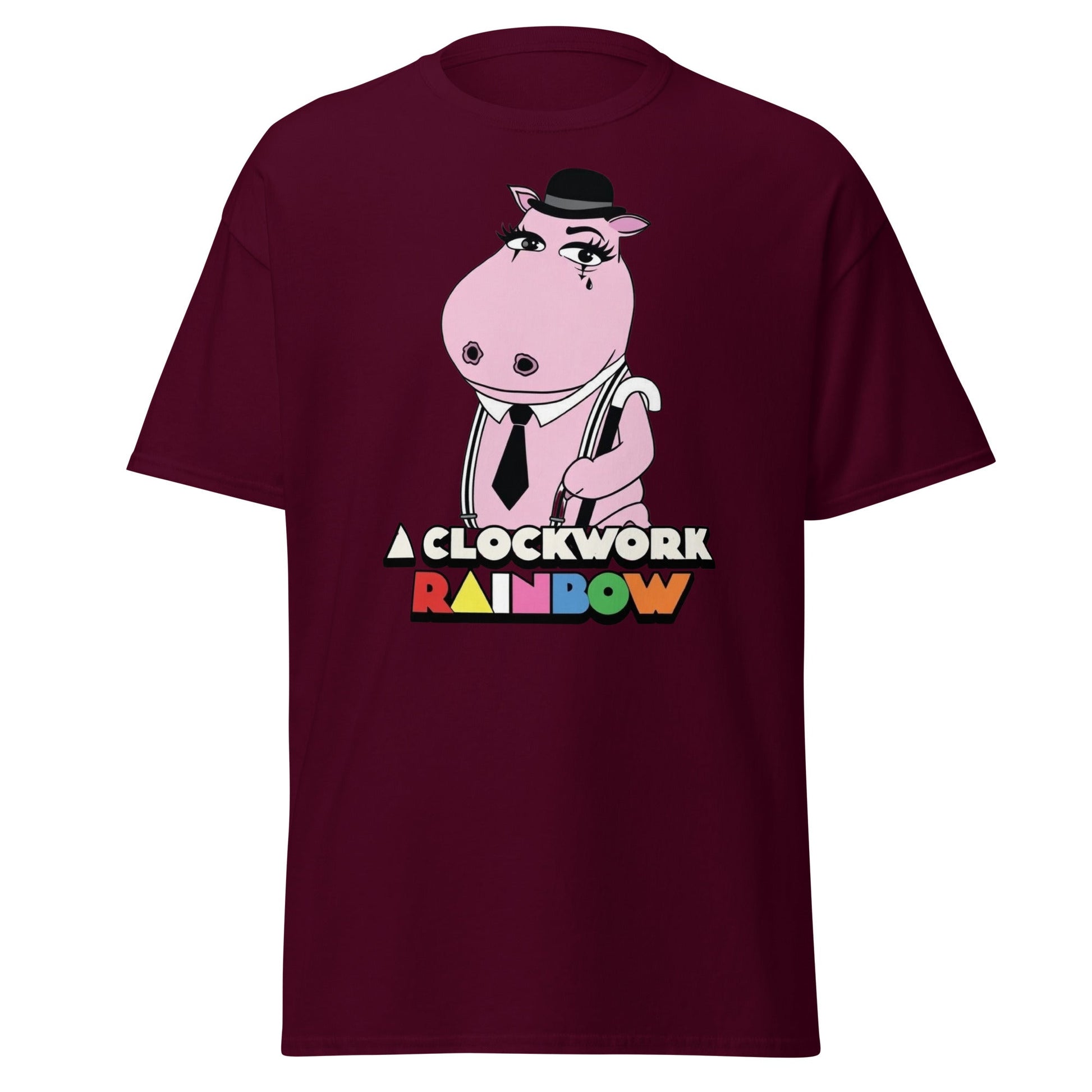 A Clockwork Rainbow T-Shirt - Funny Hippo Movie Mashup Tee - Maroon - T-Shirts Online