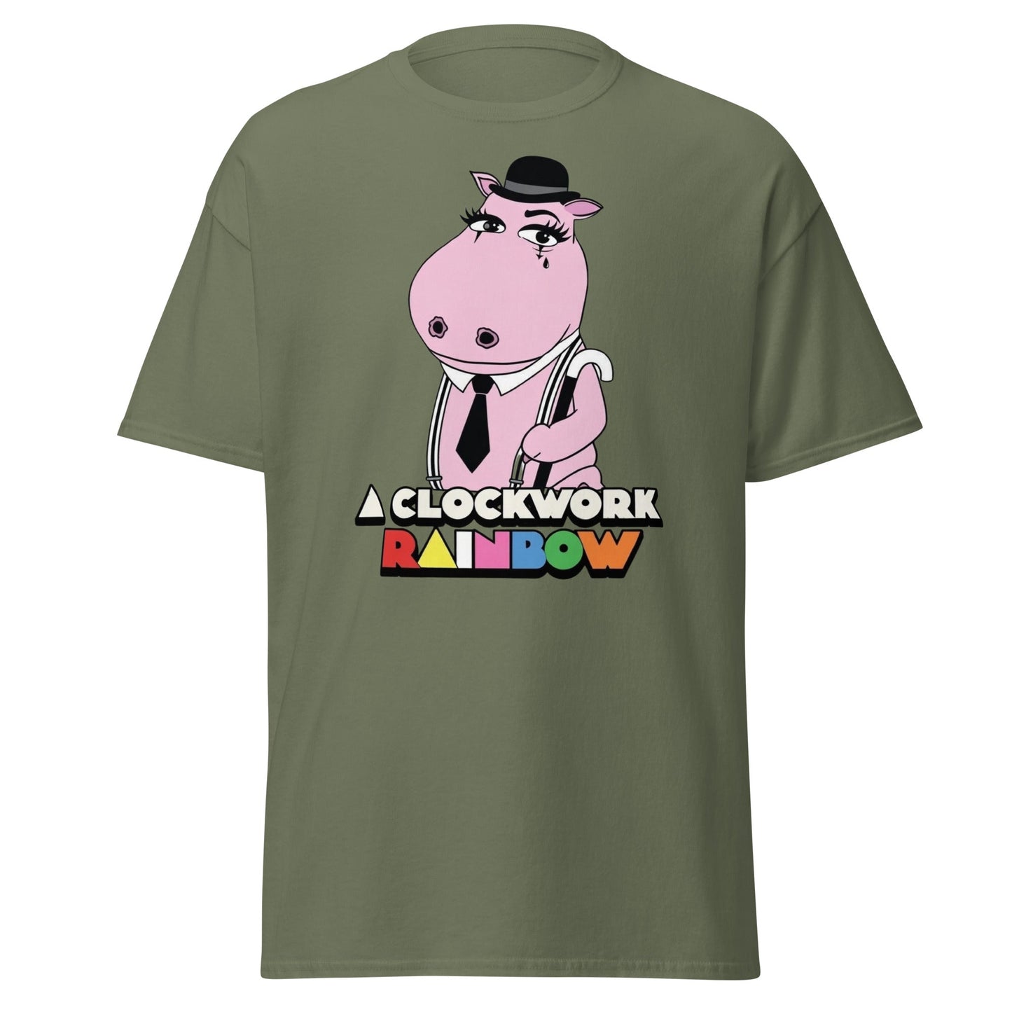 A Clockwork Rainbow T-Shirt - Funny Hippo Movie Mashup Tee - Military Green - T-Shirts Online