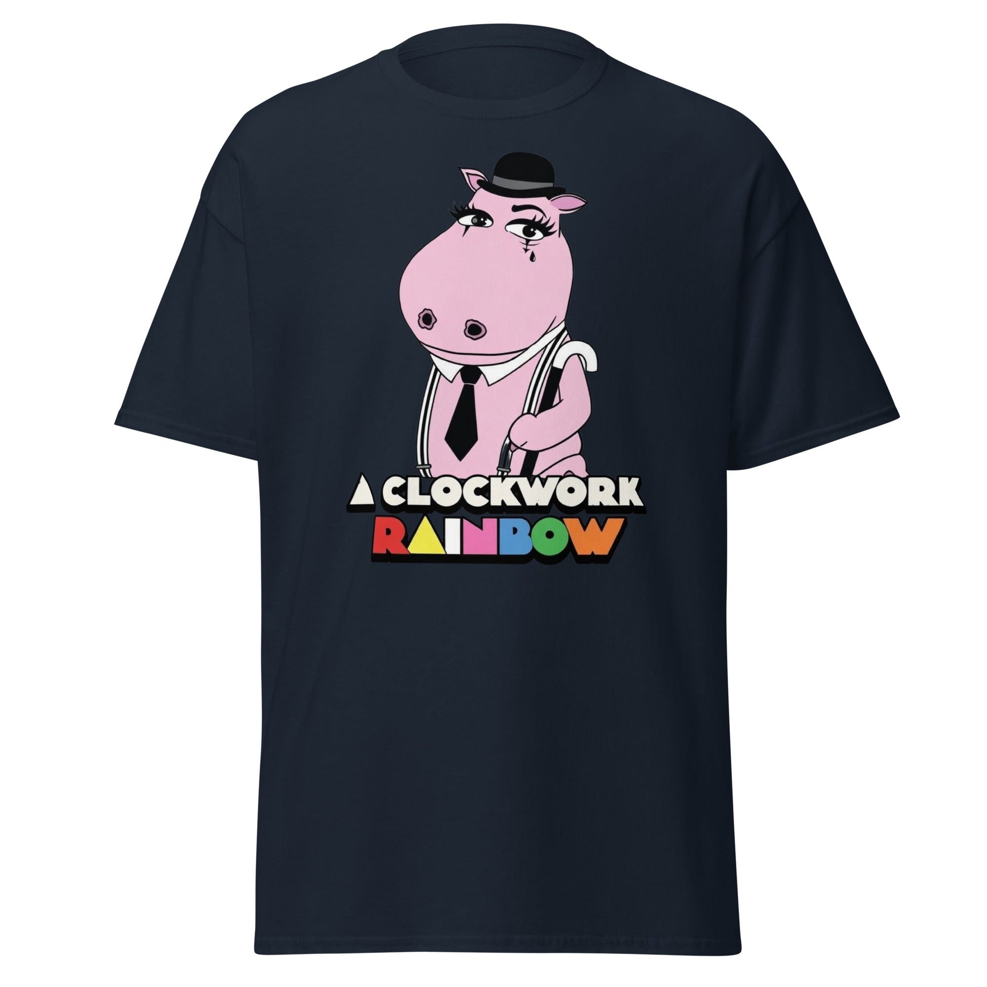 A Clockwork Rainbow T-Shirt - Funny Hippo Movie Mashup Tee - Navy - T-Shirts Online