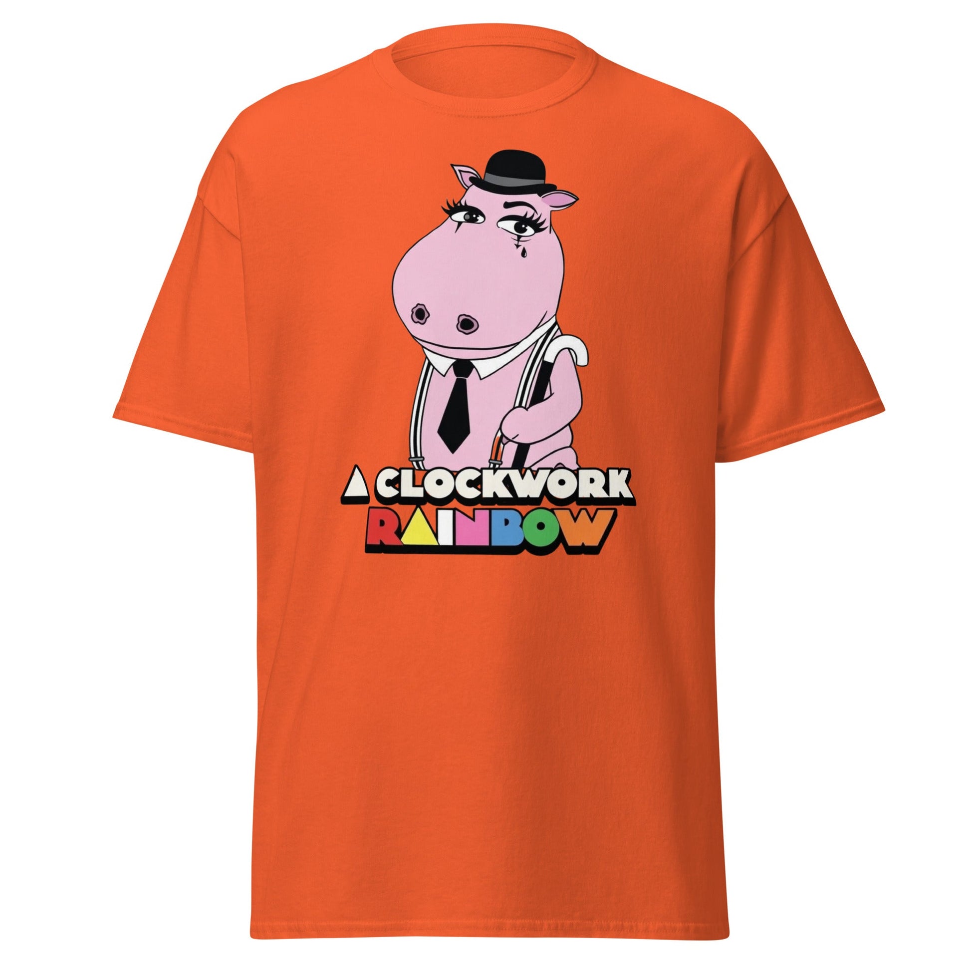A Clockwork Rainbow T-Shirt - Funny Hippo Movie Mashup Tee - Orange - T-Shirts Online