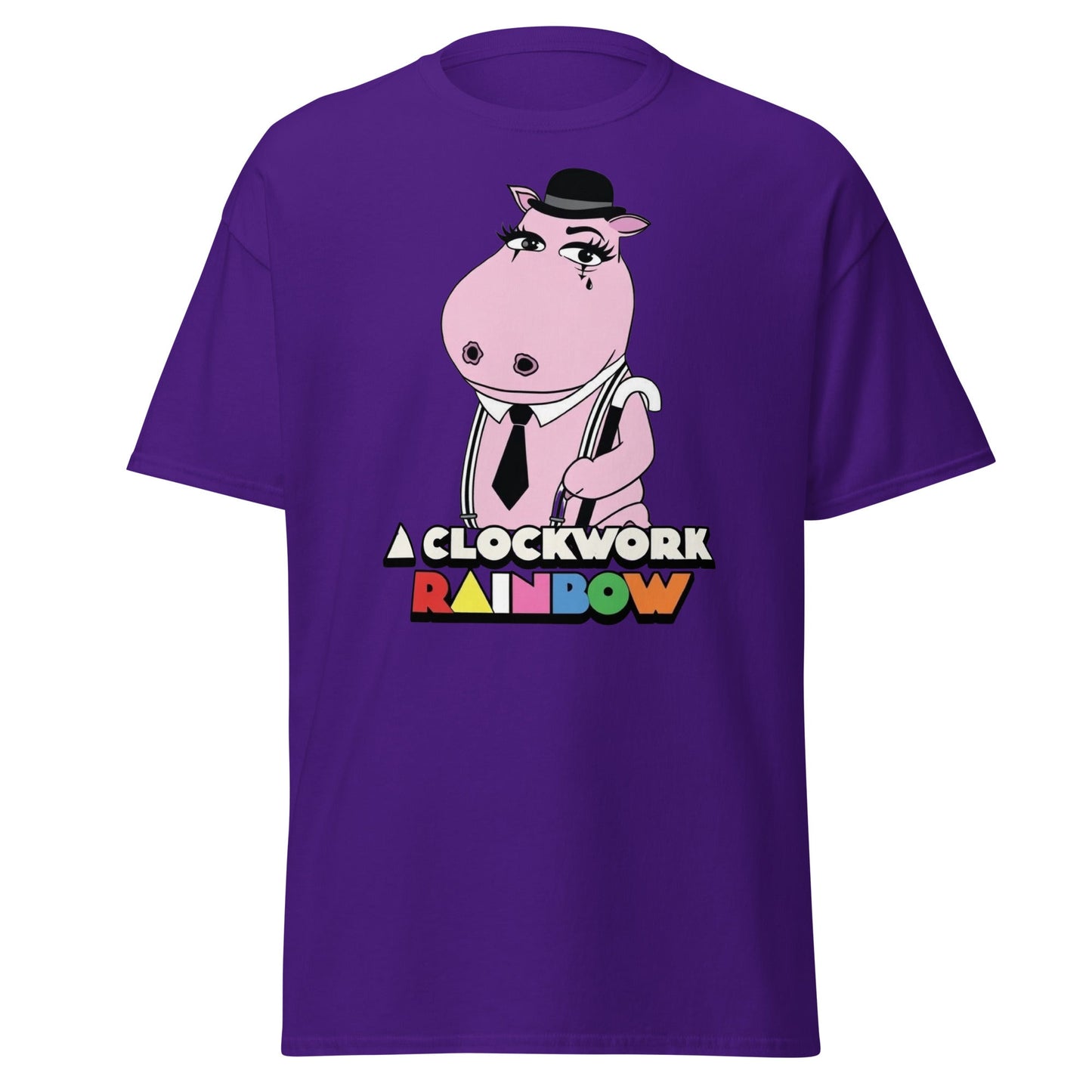 A Clockwork Rainbow T-Shirt - Funny Hippo Movie Mashup Tee - Purple - T-Shirts Online
