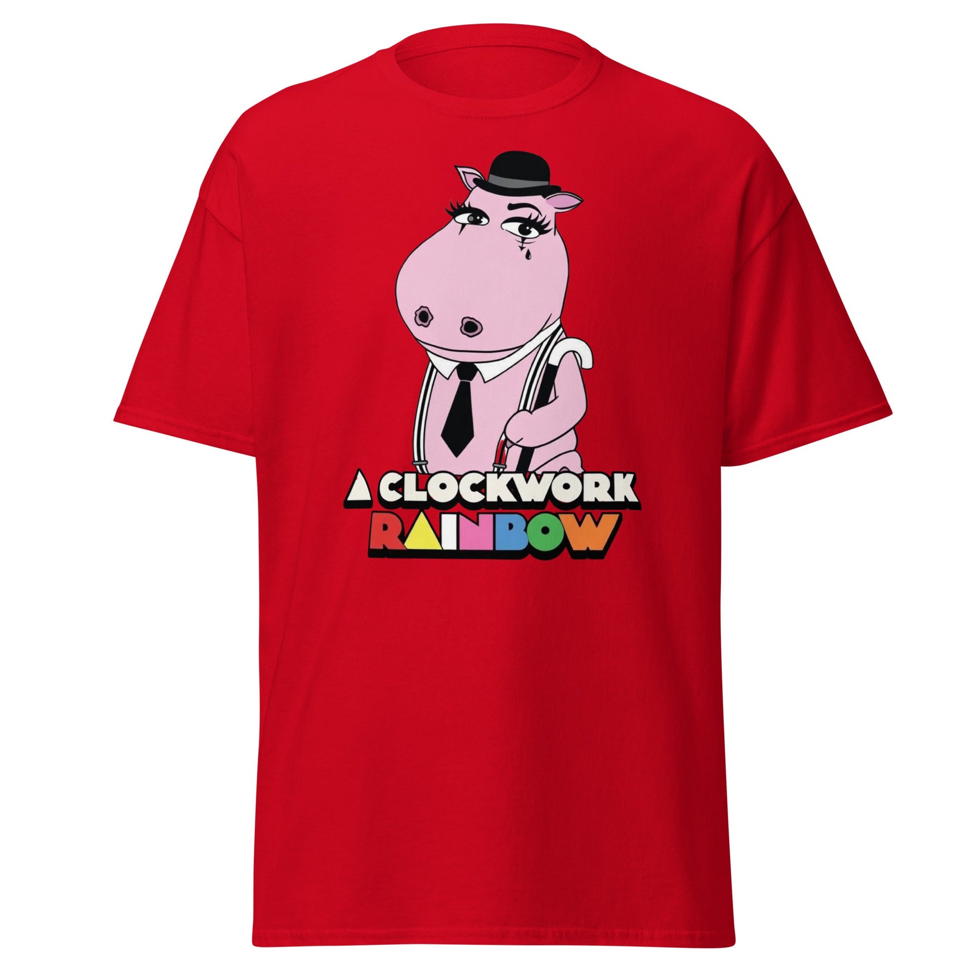A Clockwork Rainbow T-Shirt - Funny Hippo Movie Mashup Tee - Red - T-Shirts Online