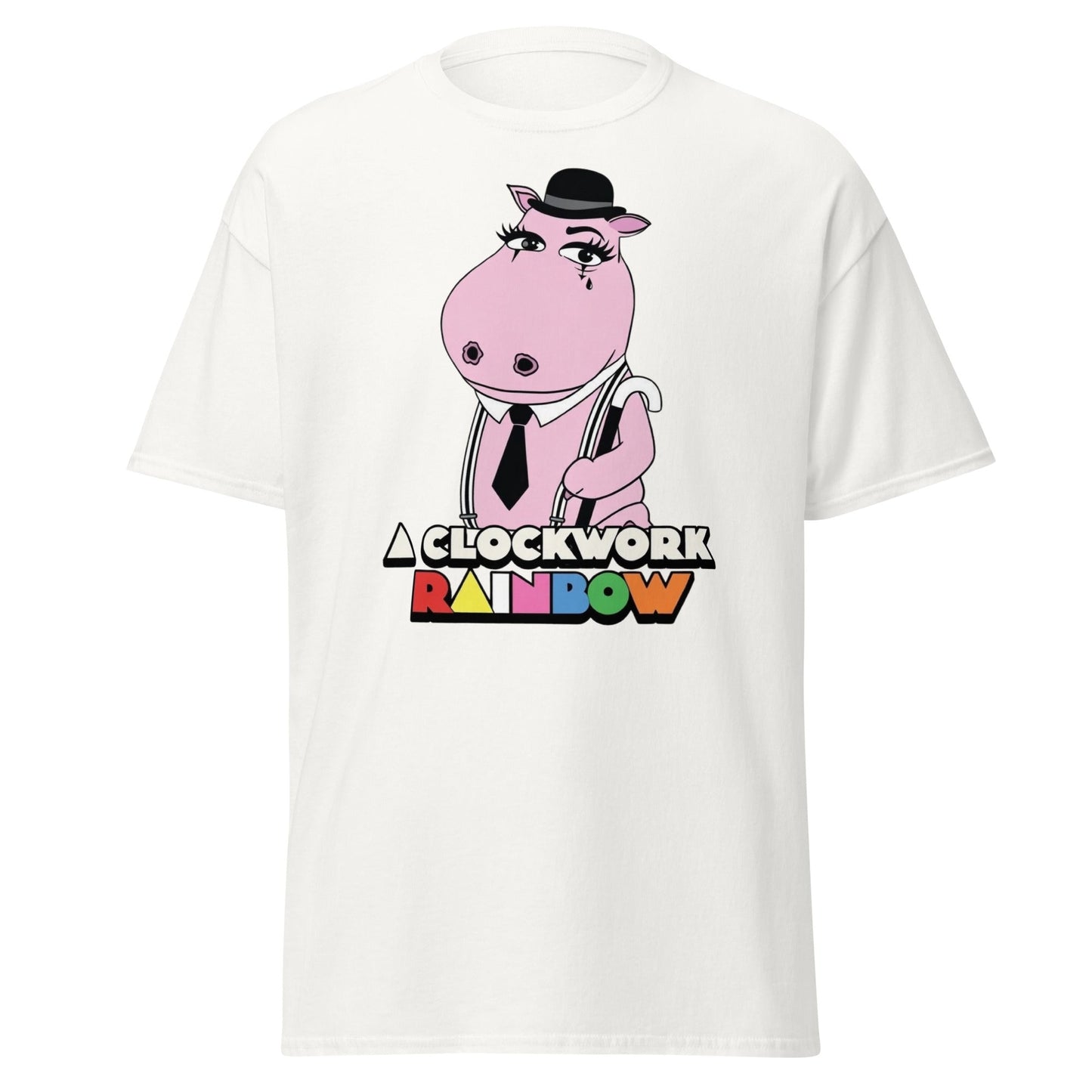 A Clockwork Rainbow T-Shirt - Funny Hippo Movie Mashup Tee - White - T-Shirts Online