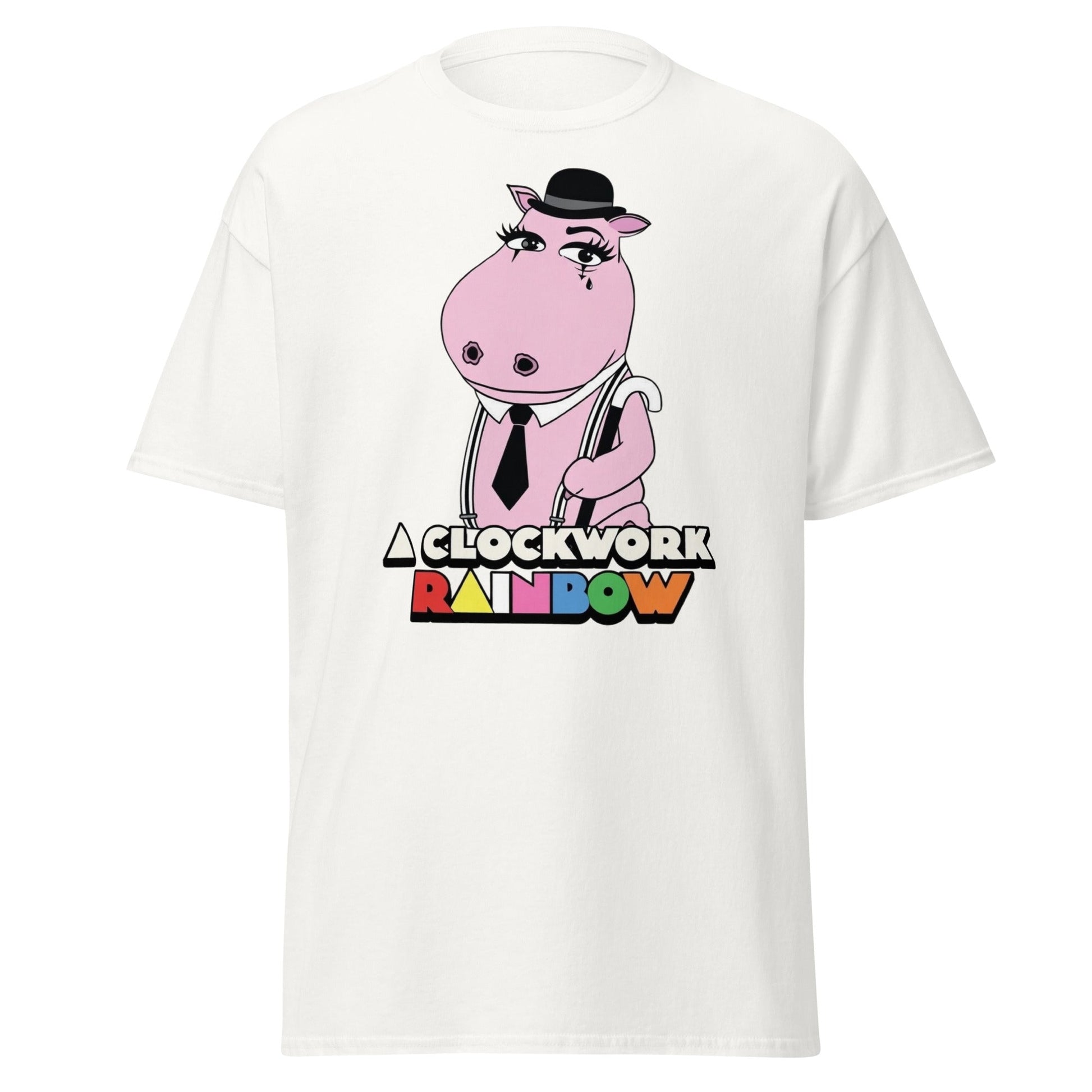 A Clockwork Rainbow T-Shirt - Funny Hippo Movie Mashup Tee - White - T-Shirts Online