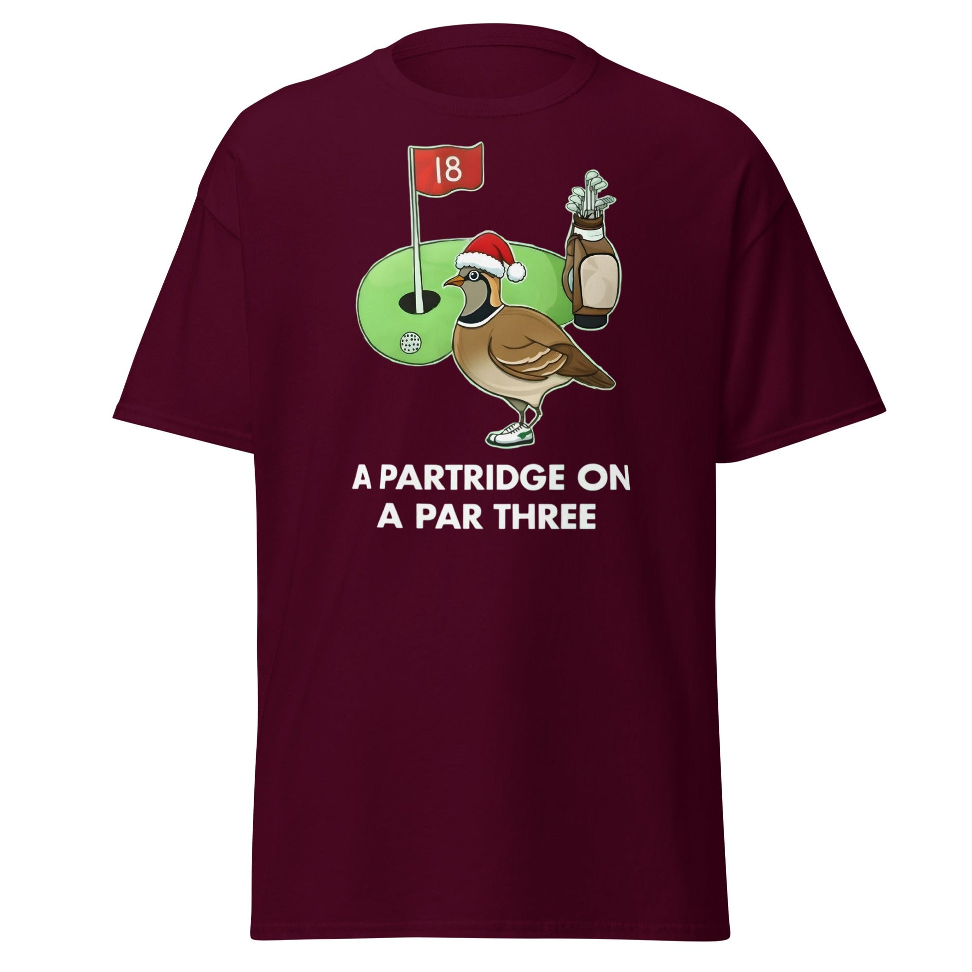 A Partridge on a Par Three T-Shirt - Funny Christmas Golf Tee - Maroon - T-Shirts Online