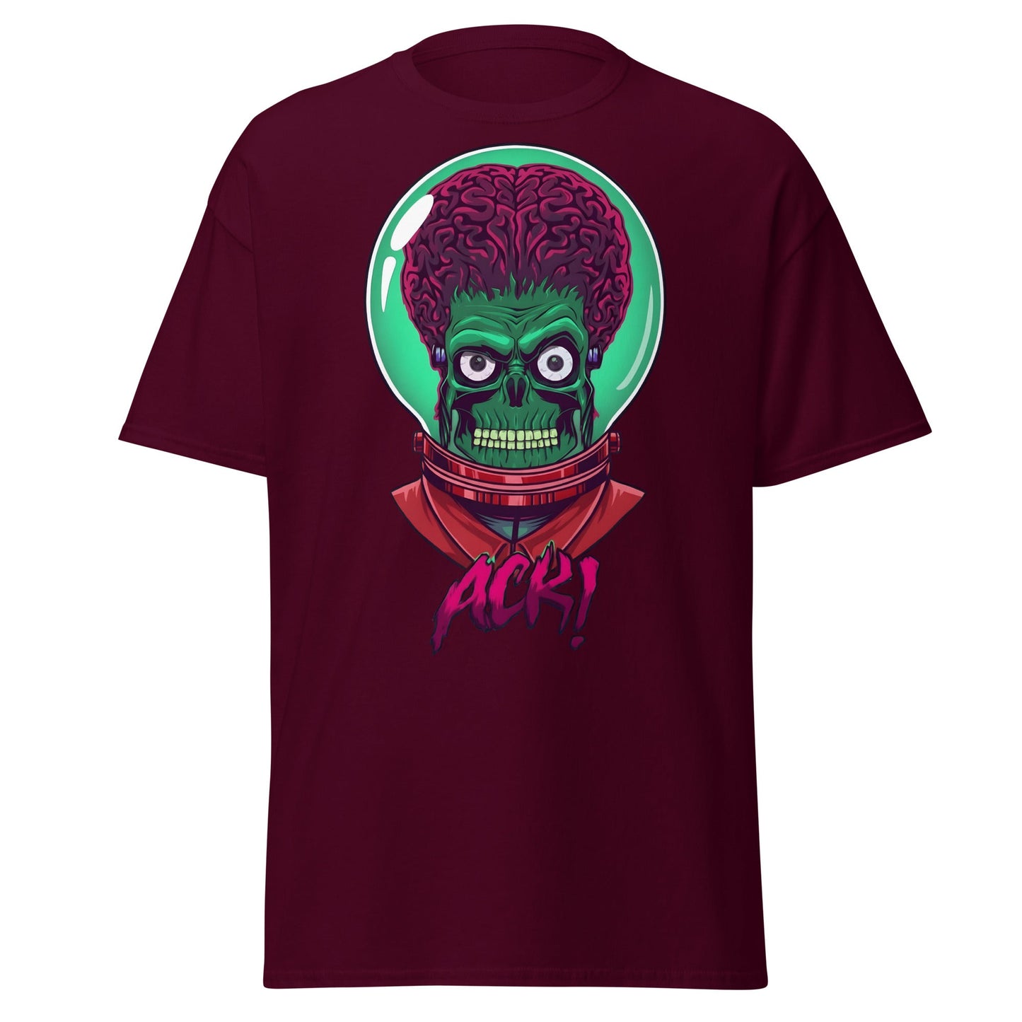 ACK Mars Attacks Alien T-Shirt | Retro Sci - Fi Tee - Maroon - T-Shirts Online