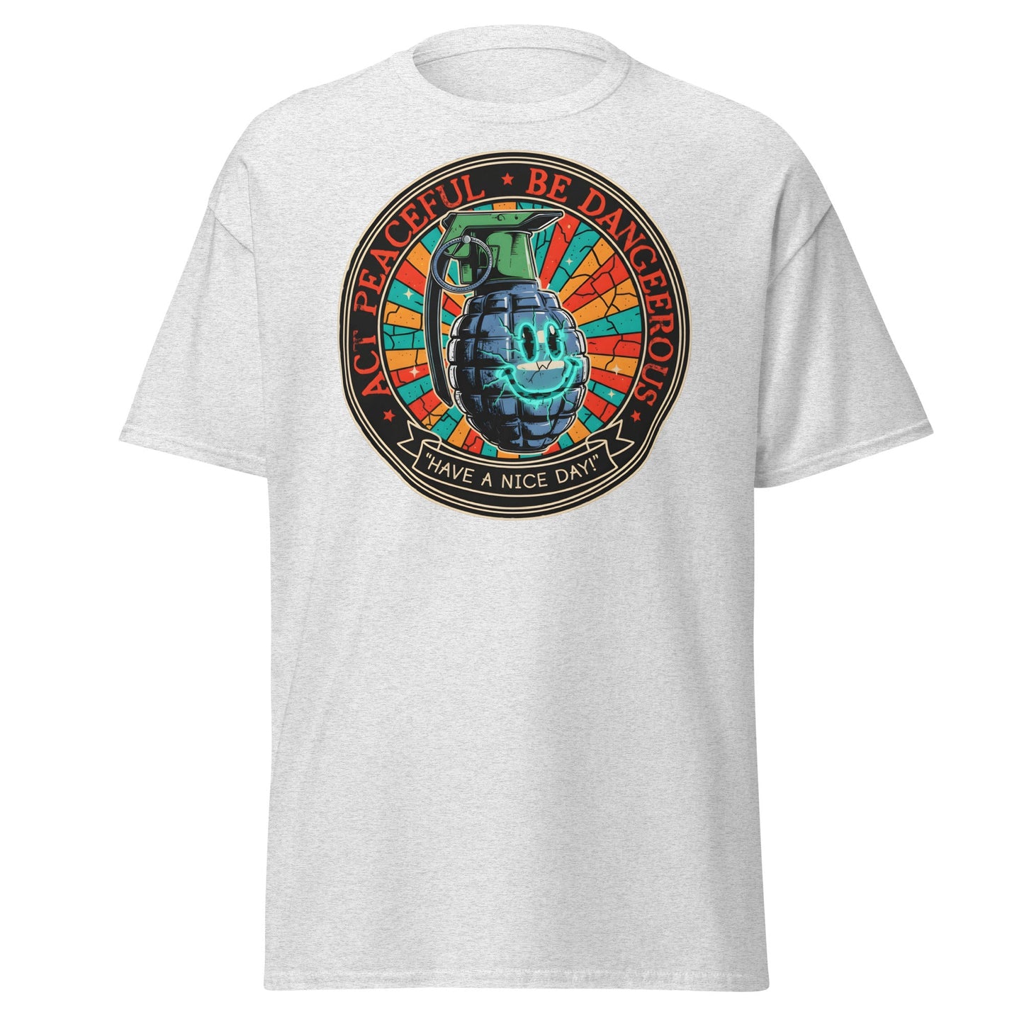 Act Peaceful Be Dangerous T-Shirt | Dark Humor Grenade Tee - Ash - T-Shirts Online