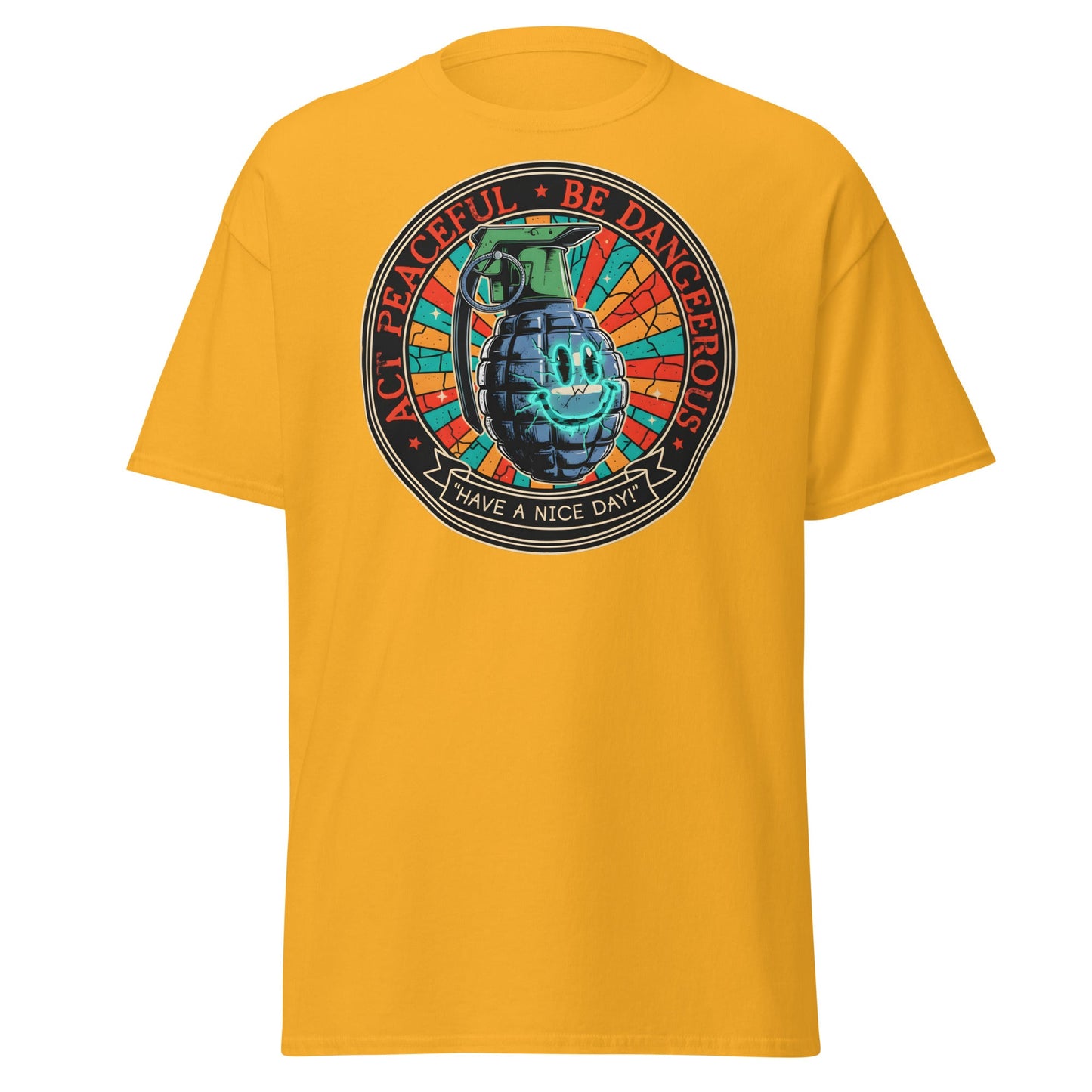 Act Peaceful Be Dangerous T-Shirt | Dark Humor Grenade Tee - Gold - T-Shirts Online