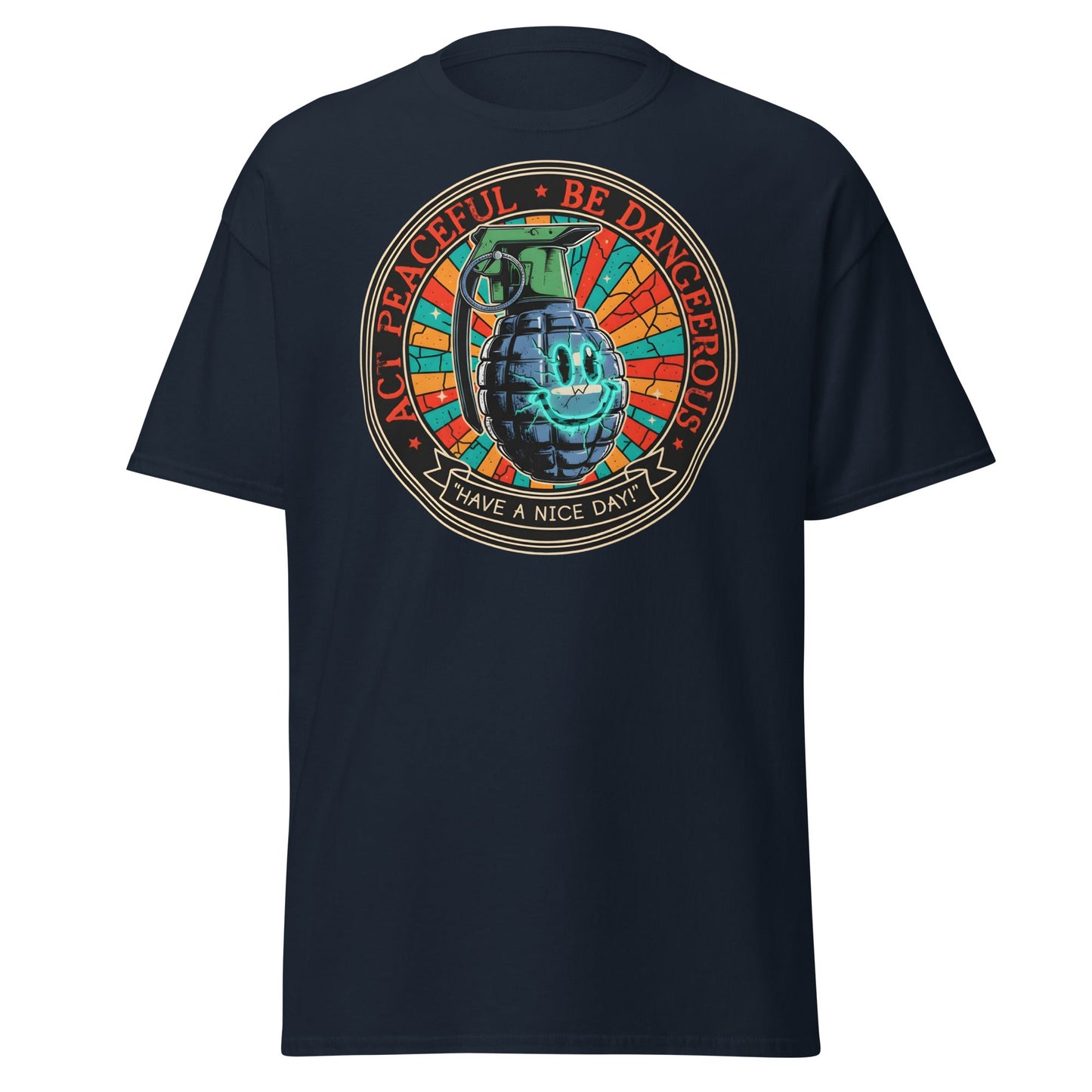 Act Peaceful Be Dangerous T-Shirt | Dark Humor Grenade Tee - Navy - T-Shirts Online
