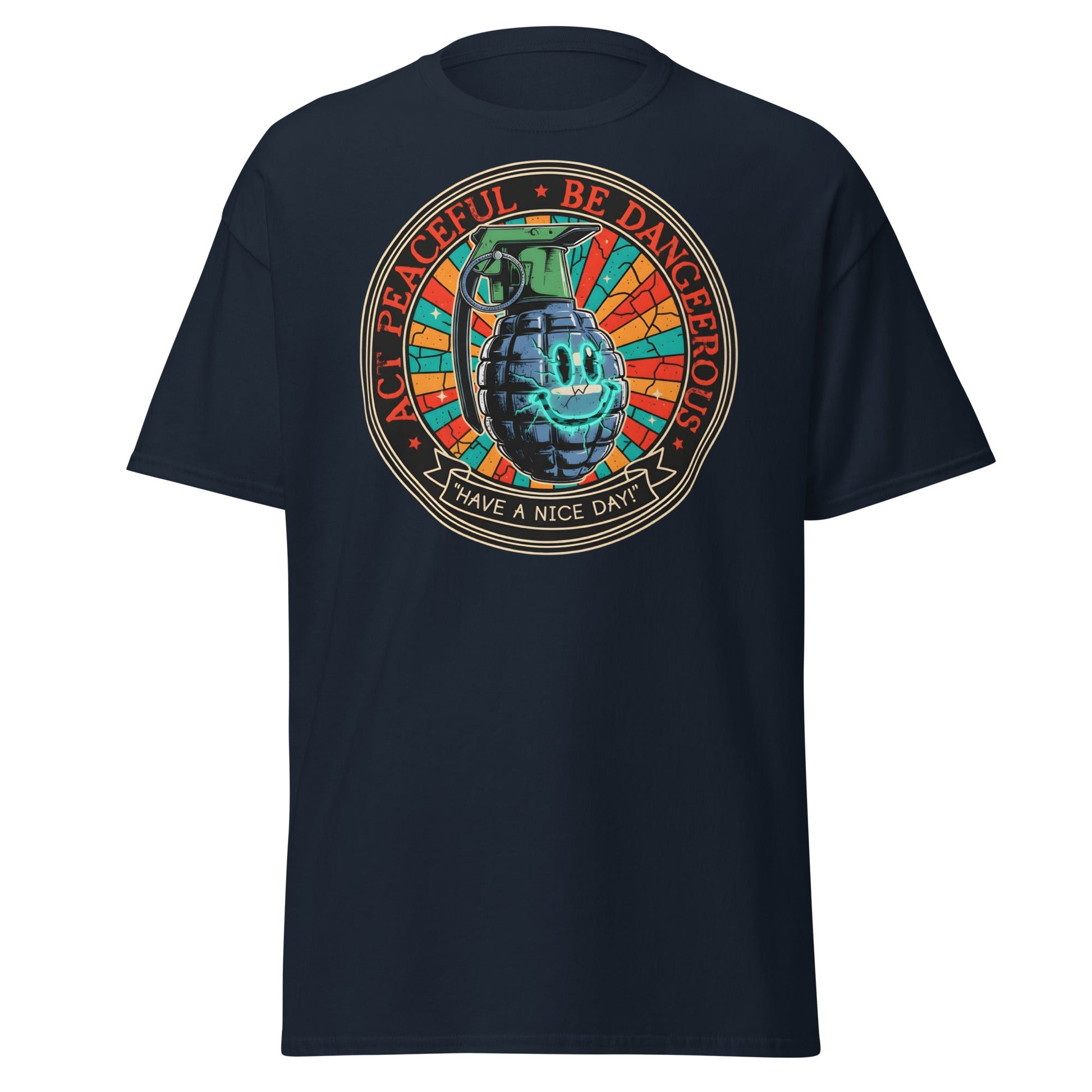 Act Peaceful Be Dangerous T-Shirt | Dark Humor Grenade Tee - Navy - T-Shirts Online